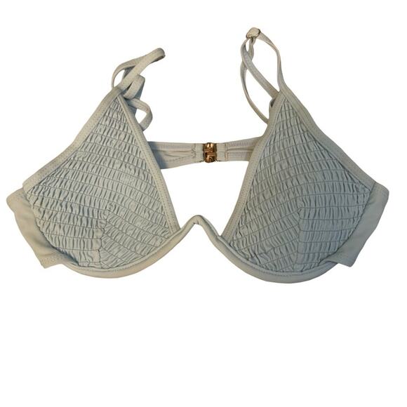 Other - Vintage Baby Blue Smocked Wired V Cut Bikini Top with Metal Clasp Size Small